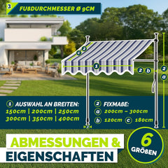 tillvex Klemluifel met handslinger, voor balkon, balkonluifel zonder boren, luifel uv-bestendig en in hoogte verstelbaar, zonwering, terras en tuin, waterdicht (blauw-grijs, 350 cm)