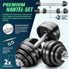 RE:SPORT 2-in-1 halterset, 60 kg, halterset van gietijzer, verstelbaar, korte halter en lange halter, stersluitingen en verbindingsbuis