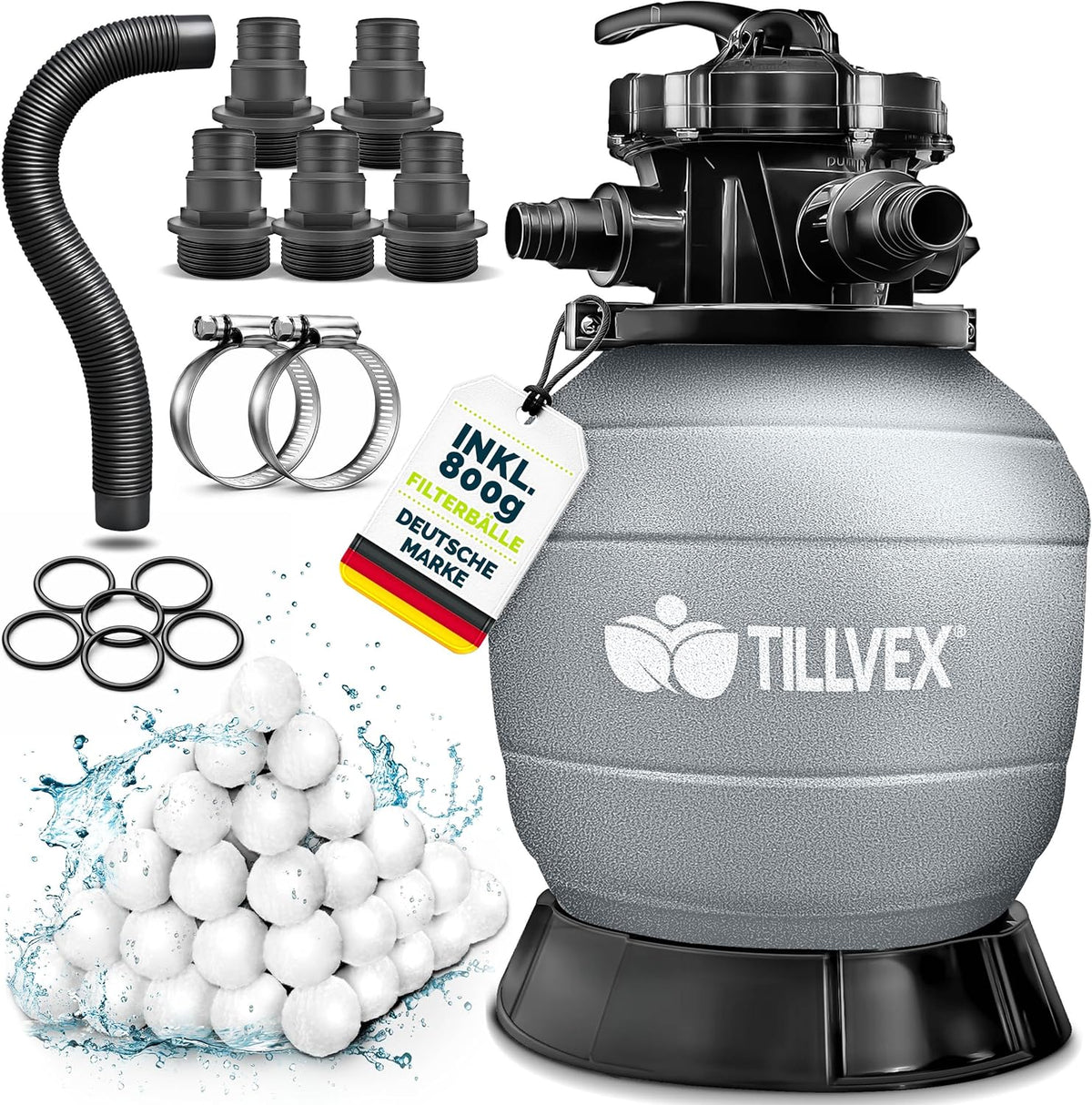 tillvex® Zandfilter zwembad zonder pomp + filterballen | filterketel zwembadfilter incl. adapter Ø 32-38 mm | zandfilterketel + 7-wegventiel, manometer en zuigslang (grijs, tot 35 m³ (35.000 liter
