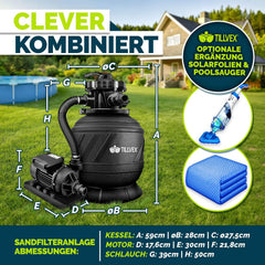 tillvex AquaBlack Pro Zandfilterinstallatie, 7.900 l/u, incl. 400 g filterballen, filterinstallatie 7-weg ventiel en 2-in-1 adapter Ø 32 mm - 38 mm, zwembadfilter met drukweergave, zandfilter zwembad