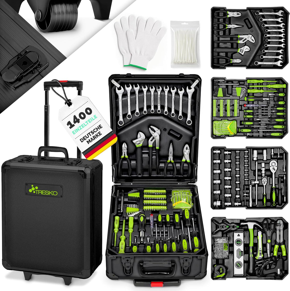 TRESKO Gereedschapskoffer, 1400-delig, gevulde gereedschapskist, professionele gereedschapstas, gereedschapsset, chroom-vanadium staal (groen)