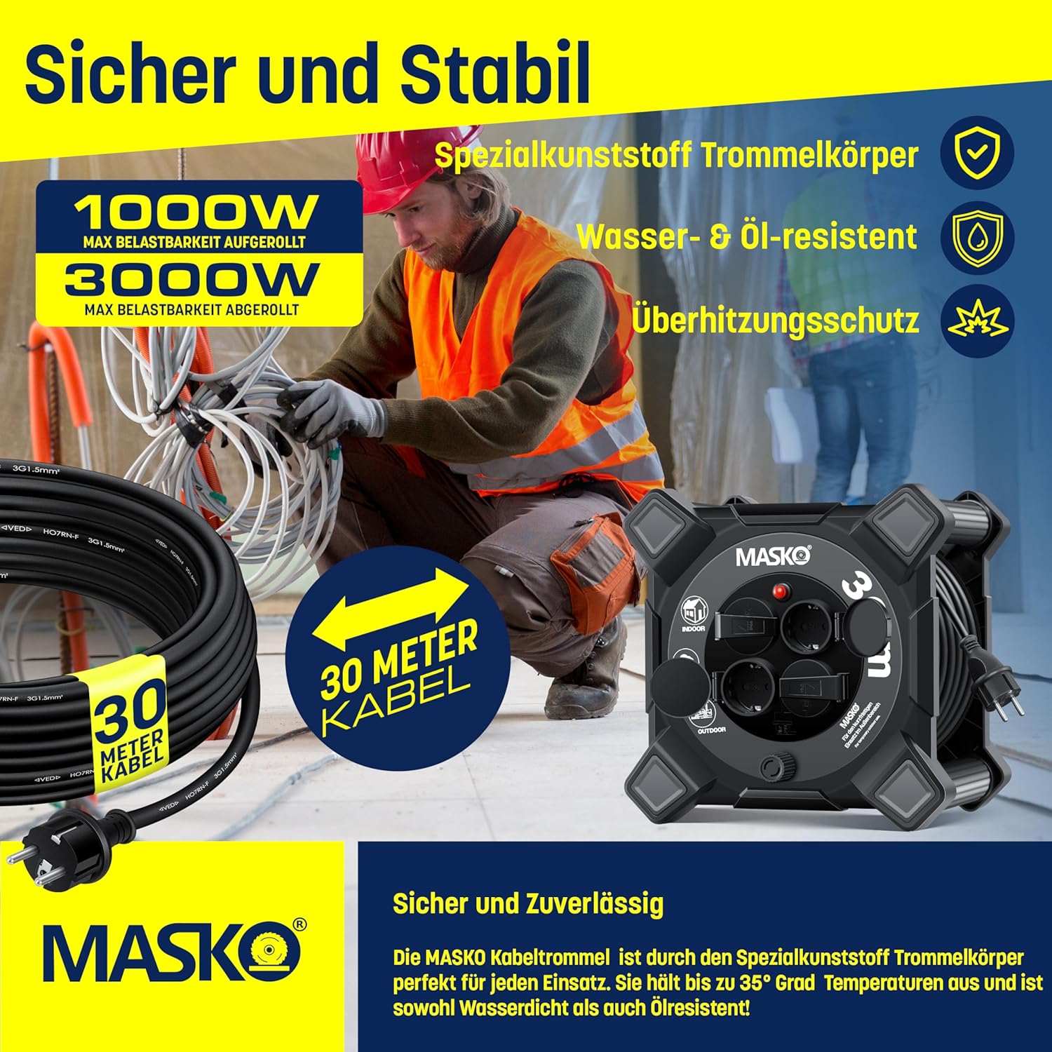 Masko® Kabelhaspel 20 m, verlengkabel met geaarde stopcontacten en wikkelgreep, outdoor kabelhaspel thermobescherming, apparaattrommel IP44, 1000 W ~ 3000 W, inclusief draaggreep en