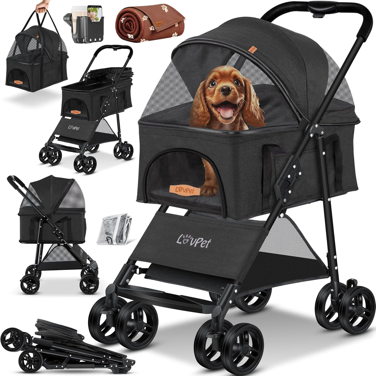 LOVPET® Hondenbuggy 2in1 Huisdieren - Wandelwagen - Zwart