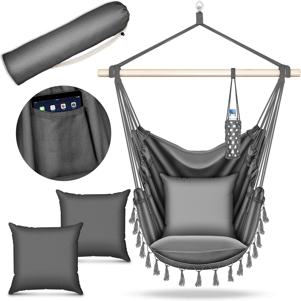 Tillvex® Hangstoel - Binnen & Buiten - Tot 150kg - 2 Kussens - Grijs