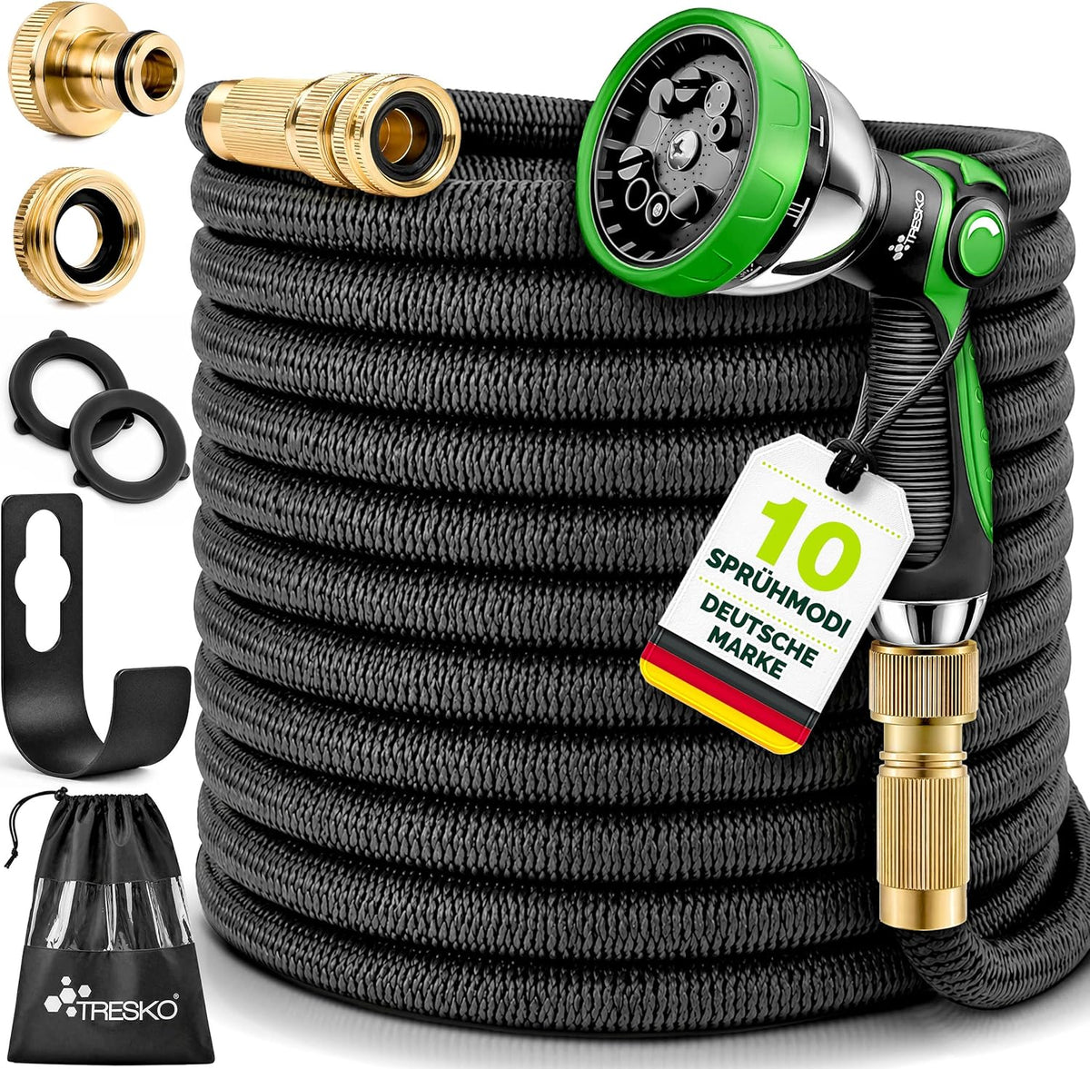 TRESKO® Flexibele tuinslang 60 m met 3-voudige latex & 10 modi douche | Flexislang rekbaar incl. 1/2" & 3/4" adapter, wandhouder & tas | waterslang flexibel met messing aansluitingen