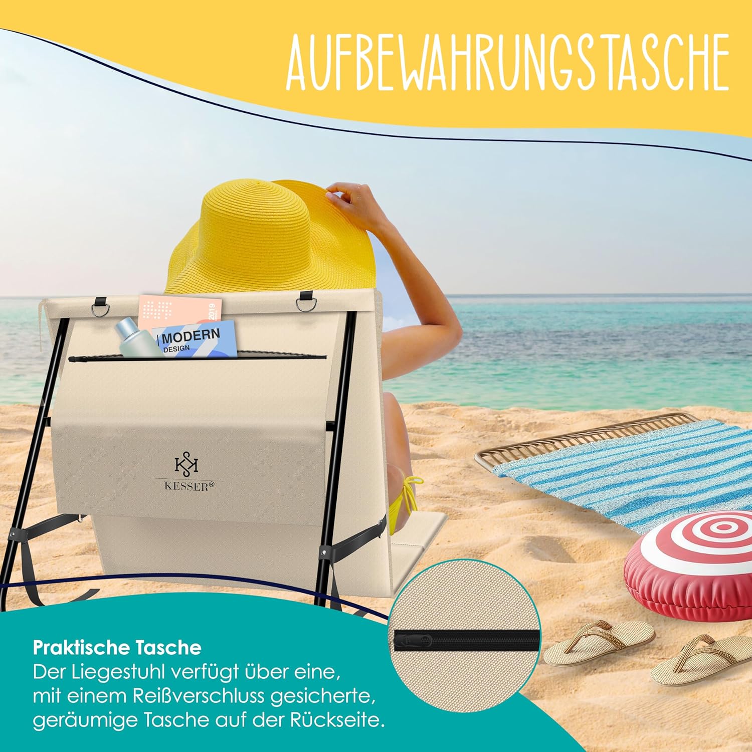 KESSER® Set van 2 opvouwbare strandmatten, met verstelbare rugleuning, draagriem, waterdichte tas en opslag, opvouwbare ligstoel voor strand, tuin en terras, elk 130 kg belastbaar