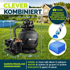 tillvex® AquaBlack Pro Zandfilterinstallatie met timer, 13.200 l/h tot 40.000 l + 1200 g filterballen, filterinstallatie 7-weg ventiel en 2-in-1 adapter Ø 32-38 mm, zwembadfilter, zandfilter