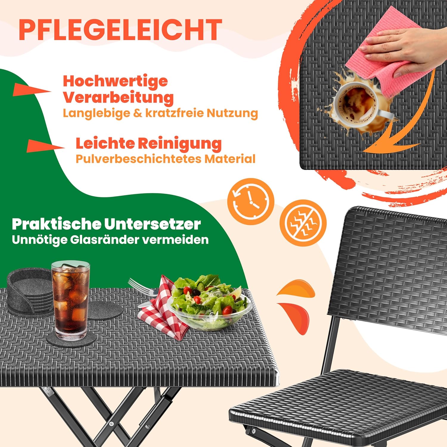 KESSER® Bistroset 3-delige balkontafel met 2 stoelen, balkonmeubel, weerbestendig en uv-bestendig, balkonset, inklapbare zitgroep, gecoat staal en rotan-look, tuinmeubelset met 6 vilten onderzetters