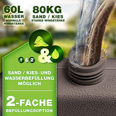 tillvex® Parasolstandaard 60 liter / 80 kg – 4-delig voor zweefparasol incl. metalen connector | parasolgewicht kan worden gevuld met water of zand | parasolstandaard zweefparasolstandaard, bruin