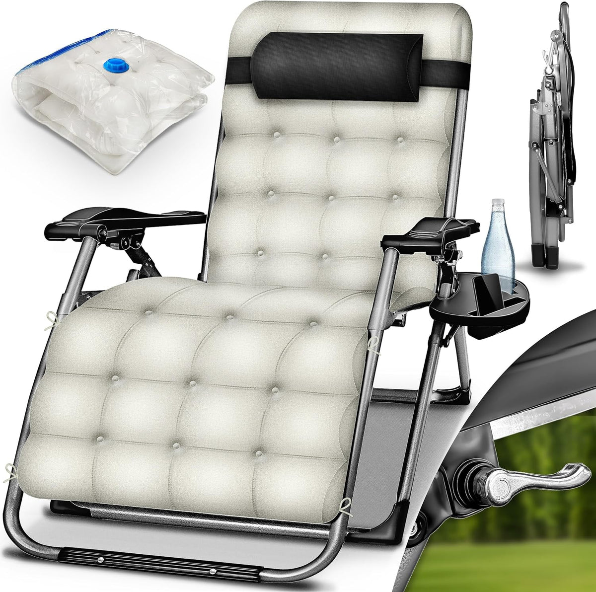 tillvex® Ligstoel, inklapbaar, tot 200 kg, zonnebed, tuinligstoel, weerbestendig, voor balkon, tuin en terras, outdoor ligstoel verstelbaar met dikke bekleding, relaxstoel, nekkussen, beige