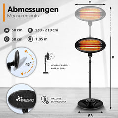 TRESKO Infrarood staande warmtestraler, 2000 W, elektrische warmtestraler voor het terras, met 3 warmtestanden, terrasstraler voor binnen en buiten, infraroodstraler met led-display