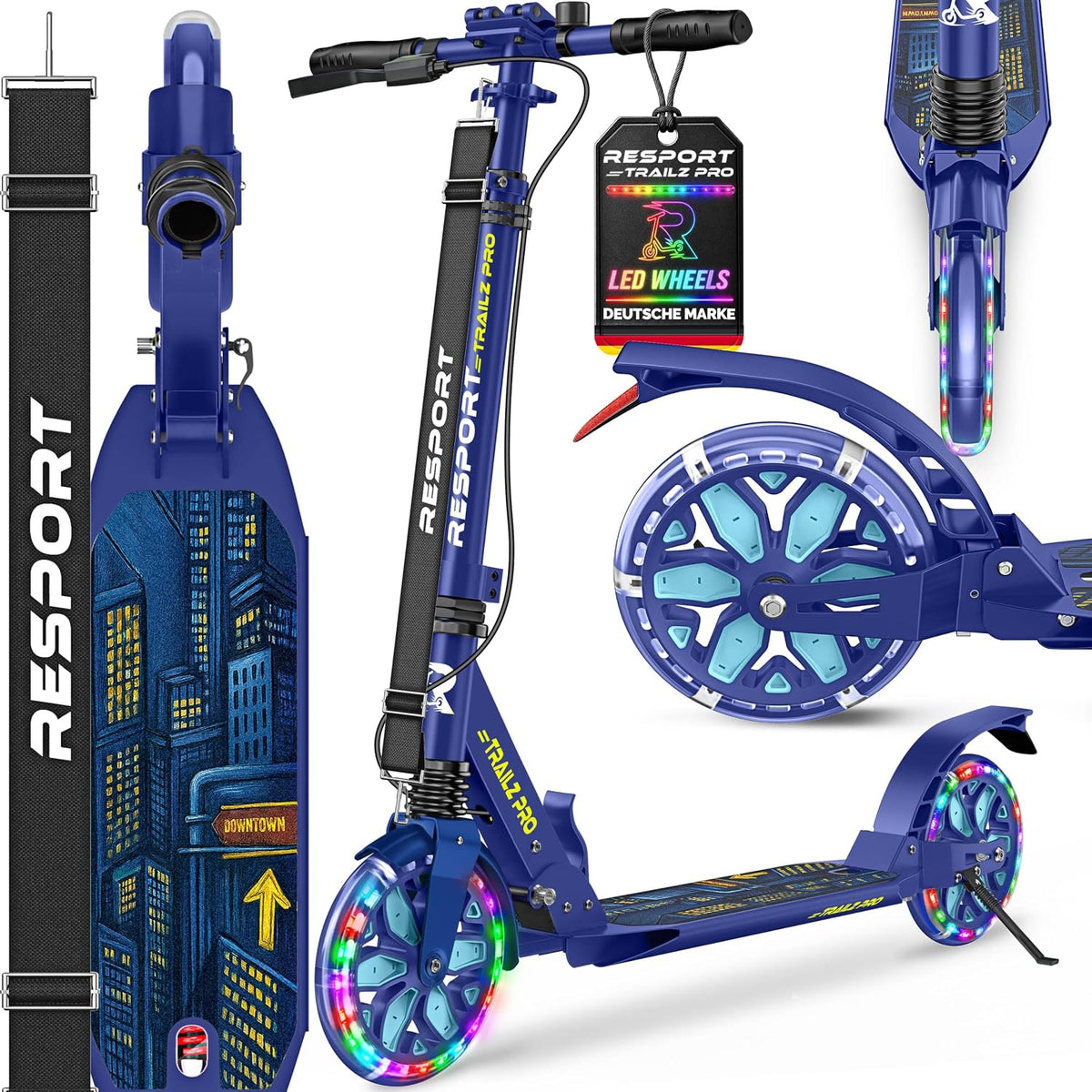 RE:SPORT® Citystep voor kinderen en volwassenen met led, bel en draagriem | Kickscooter step incl. handrem & dubbele vering | Citystep in hoogte verstelbaar & inklapbaar