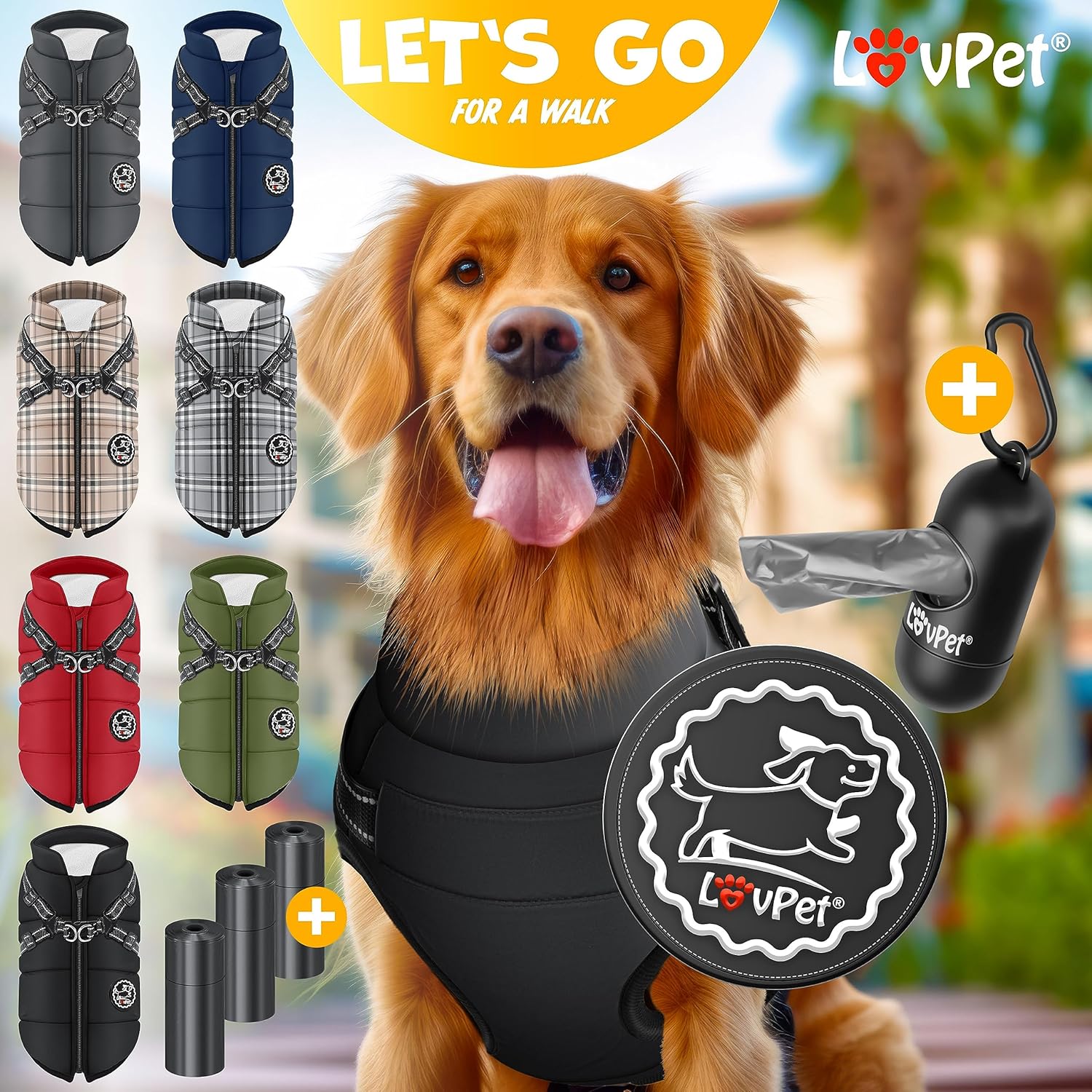 LOVPET® Hondenjas, hondenjas met harnas, incl. 45 stuks poepzakken + dispenser, gevoerd wintervest, waterdicht, gevoerd vest met borstriem, reflectoren, D-ring 2XL, zwart