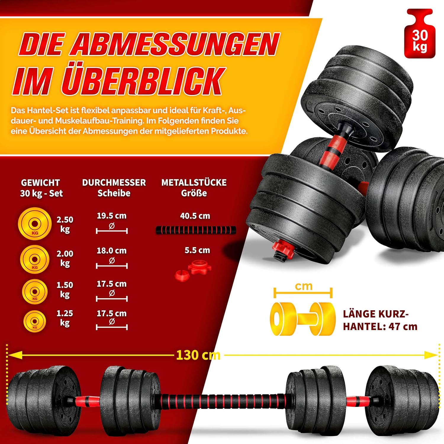 RE:SPORT 2-in-1 halterset, 30 kg, halterset verstelbaar, korte halter en lange halter, stersluitingen en verbindingsbuis