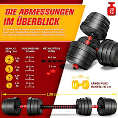 RE:SPORT 2-in-1 halterset, 30 kg, halterset verstelbaar, korte halter en lange halter, stersluitingen en verbindingsbuis