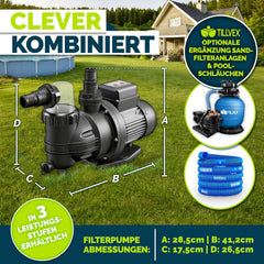 tillvex Filterpomp zwembad met timer 7.000 l/u & 250 W | zwembadpomp opvoerhoogte max. 7,5 m | zwembadfilter circulatiepomp voor 22 m³ zwembaden | zwembadpomp zelfaanzuigend voor zwembaden