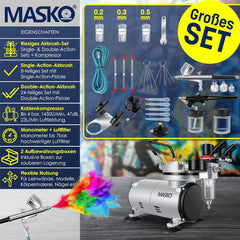 MASKO® Airbrush-set met compressor 4 bar incl. airbrush-pistolen | lakpistool complete set tattoo kunst schilderij | naalden & spuitmonden in accessoires | multifunctionele dubbele set met manomter en