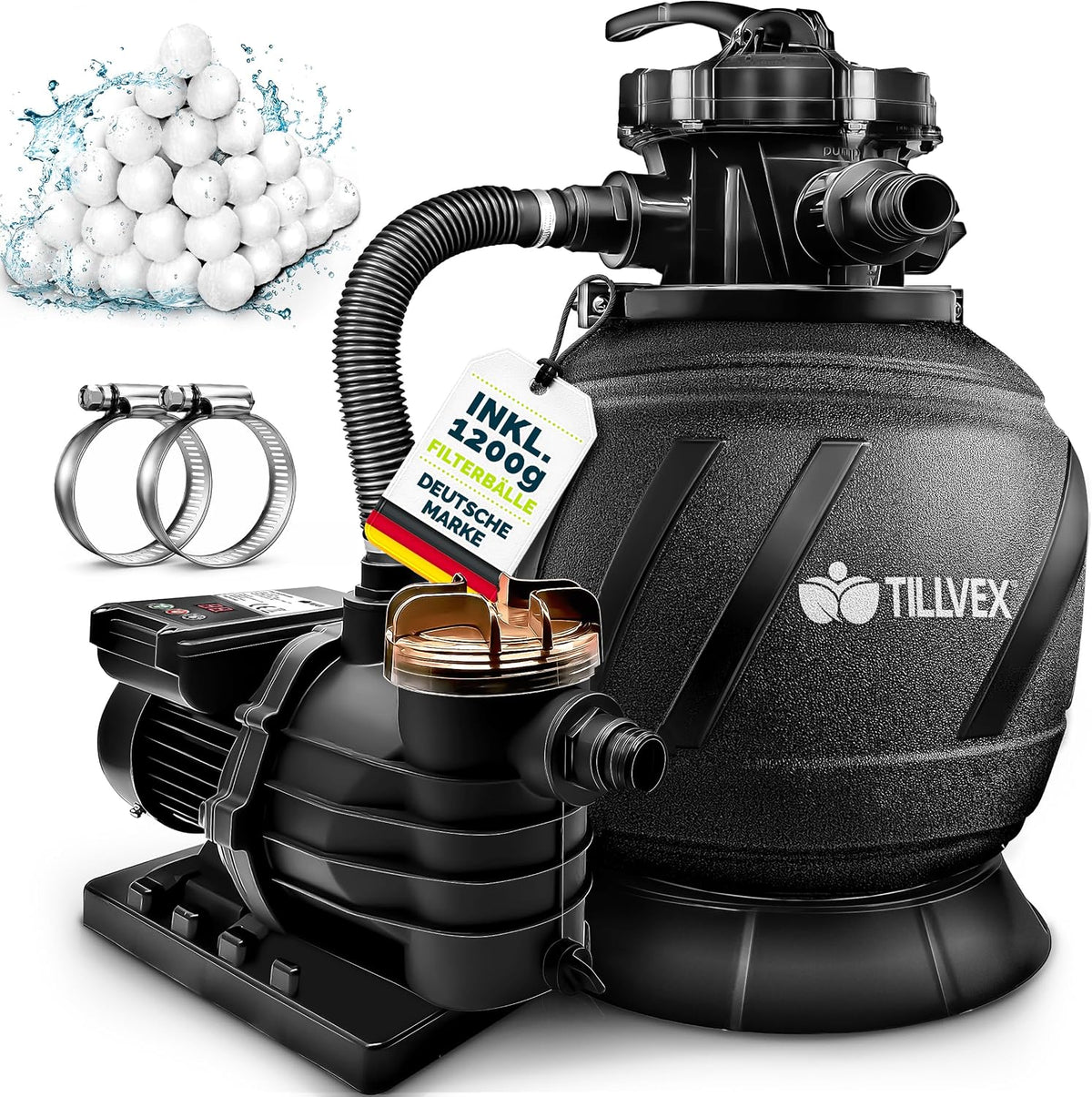 tillvex® AquaBlack Pro Zandfilterinstallatie met timer, 13.200 l/h tot 40.000 l + 1200 g filterballen, filterinstallatie 7-weg ventiel en 2-in-1 adapter Ø 32-38 mm, zwembadfilter, zandfilter