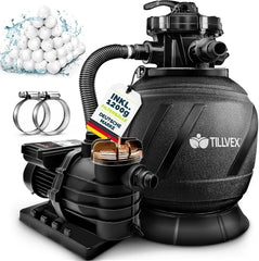 tillvex® AquaBlack Pro Zandfilterinstallatie met timer, 13.200 l/h tot 40.000 l + 1200 g filterballen, filterinstallatie 7-weg ventiel en 2-in-1 adapter Ø 32-38 mm, zwembadfilter, zandfilter