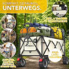 TRESKO® Bolderkar, opvouwbaar, 215 l, met rem, inklapbaar, 150 kg, incl. massief rubberen banden, opvouwbare strandwagen, extra brede all-terrain wielen, transportwagen met draagtas (beige)