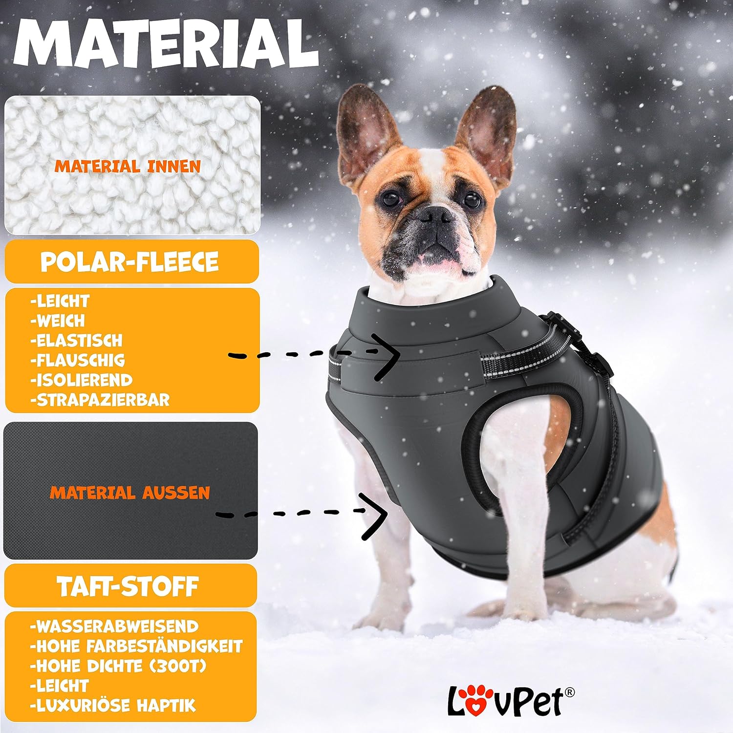LOVPET Hondenjas, hondenjas met harnas, incl. 45 stuks poepzakken + dispenser, gevoerd wintervest, waterdicht, gevoerd vest met borstriem, reflectoren, D-ring 3XL, antraciet