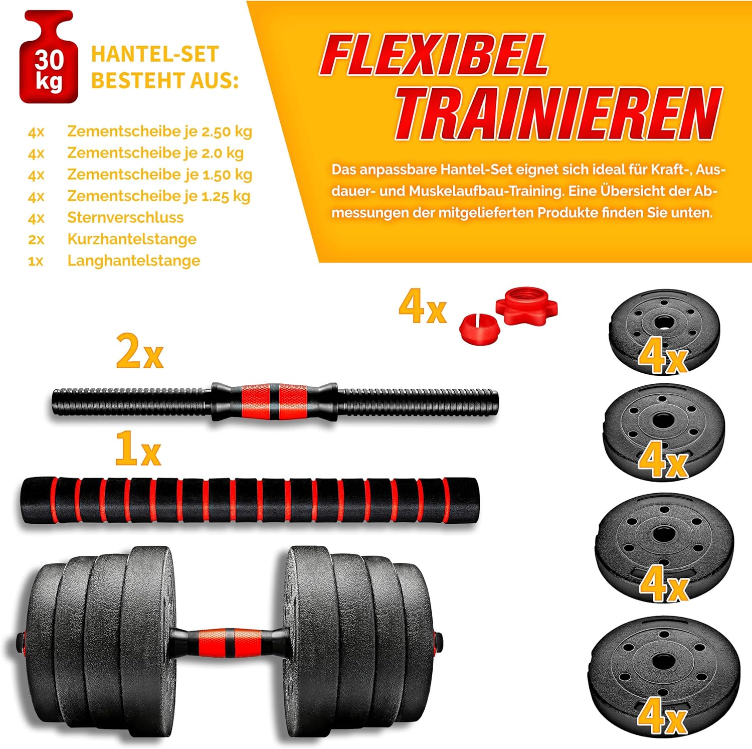 RE:SPORT 2-in-1 halterset, 30 kg, halterset verstelbaar, korte halter en lange halter, stersluitingen en verbindingsbuis