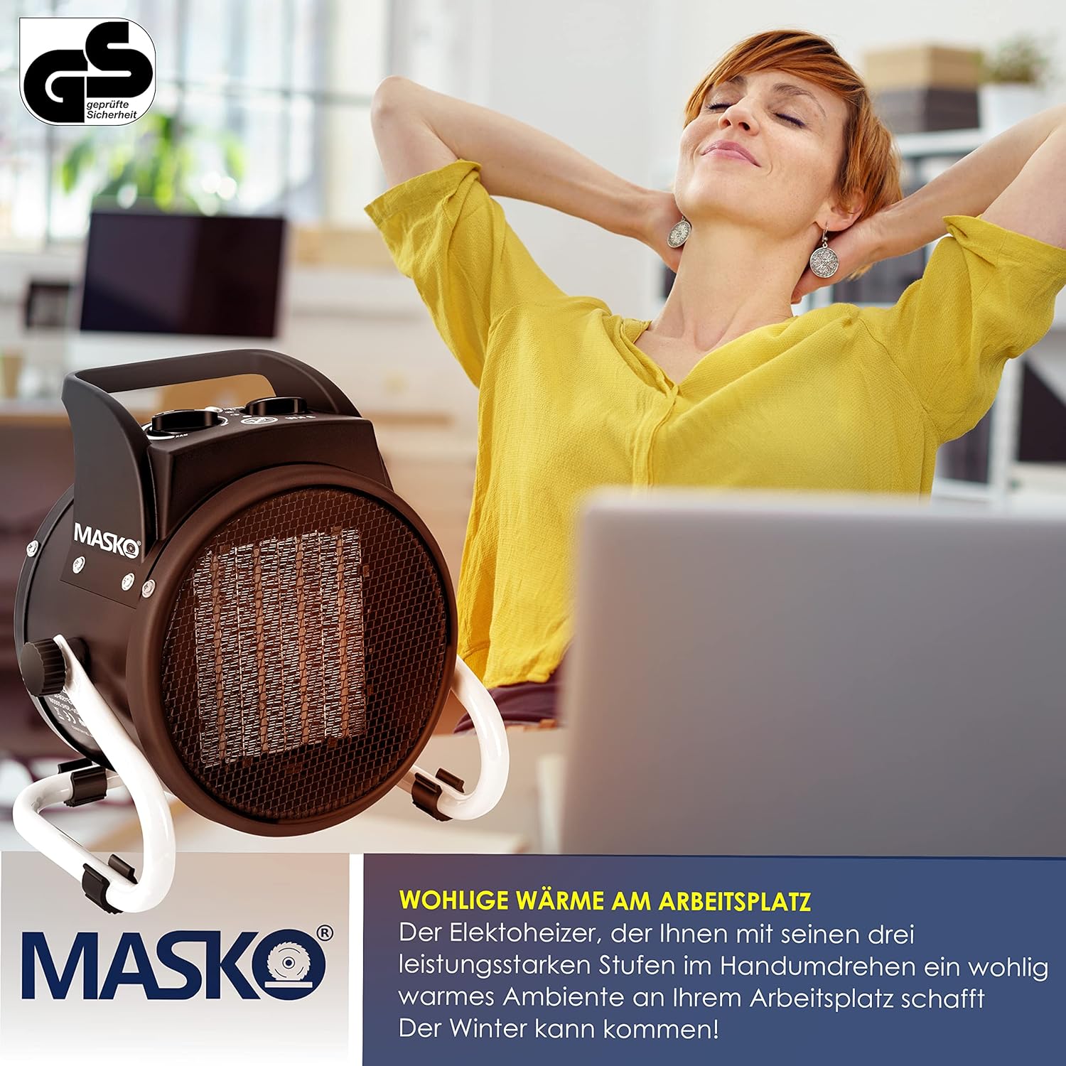MASKO® Elektrische verwarming, ventilatorkachel, bouwverwarming, keramische warmtestraler, elektrische verwarming met thermostaat, elektrische verwarming met 3 warmtestanden, verwarmingsventilator