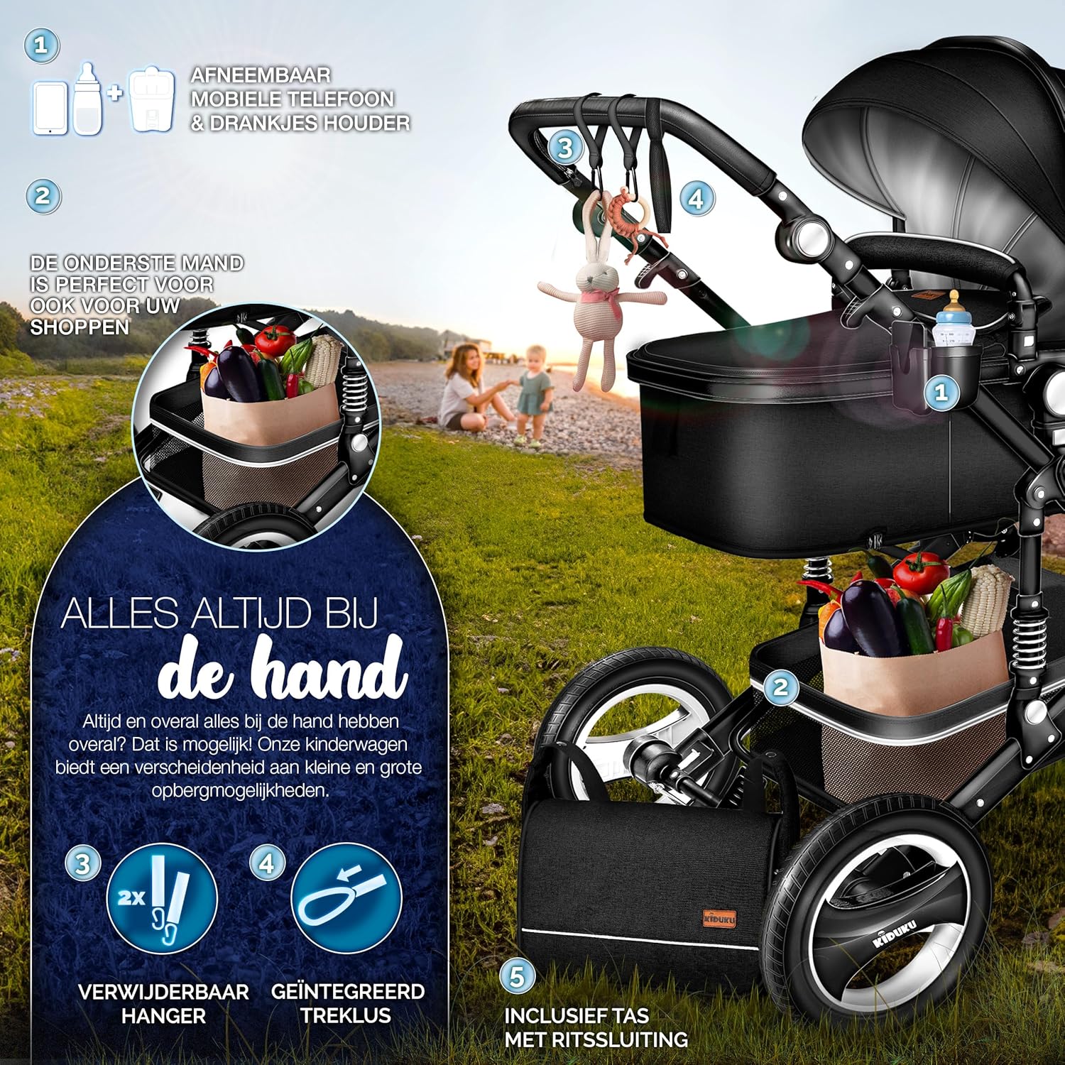 Kinderwagen 3 in 1 - Buggy - Wandelwagen - Kinderbuggy - Zwart - KIDUKU®