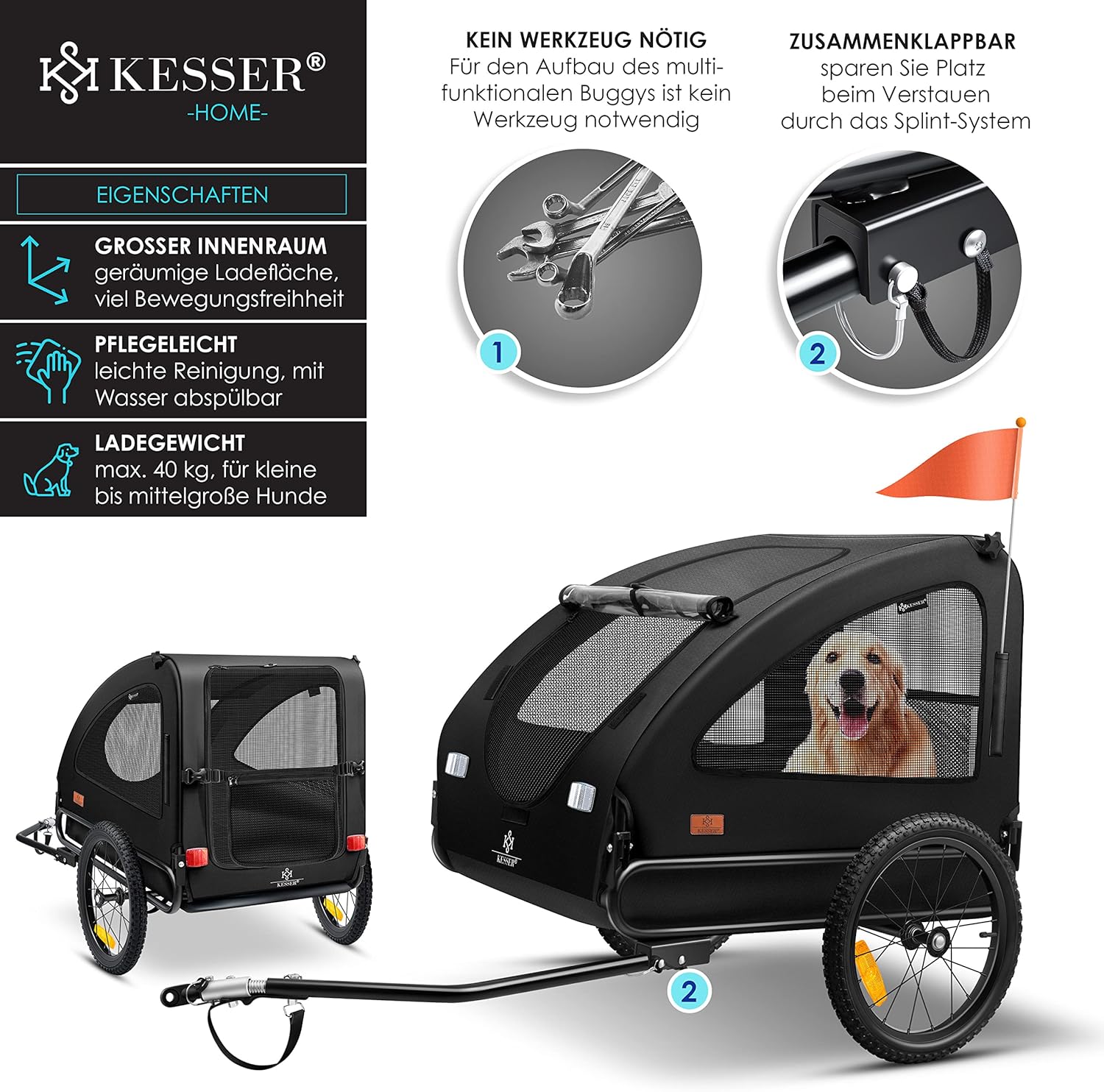 KESSER® Hundeanhänger Boxer 2-in-1 Hundebuggy Fahrradanhänger groß ca. 250L Volumen - Inkl. Fahne und Tasche - 600D Oxford Canvas, Klappbar SmartSpace Concept, max. 45kg