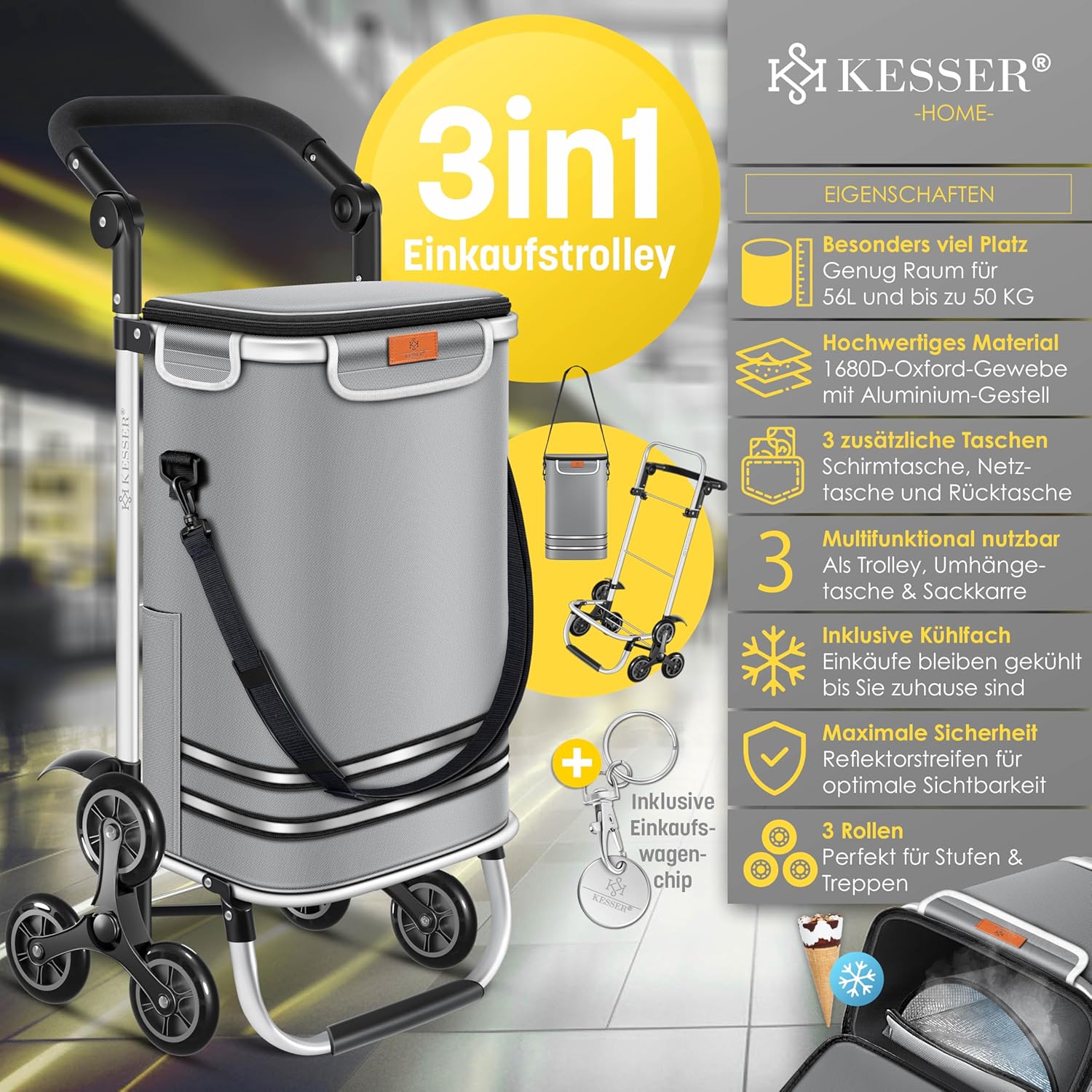 KESSER® Boodschappentrolley - Boodschappenwagen - 56L - tot 50kg  - Grijs