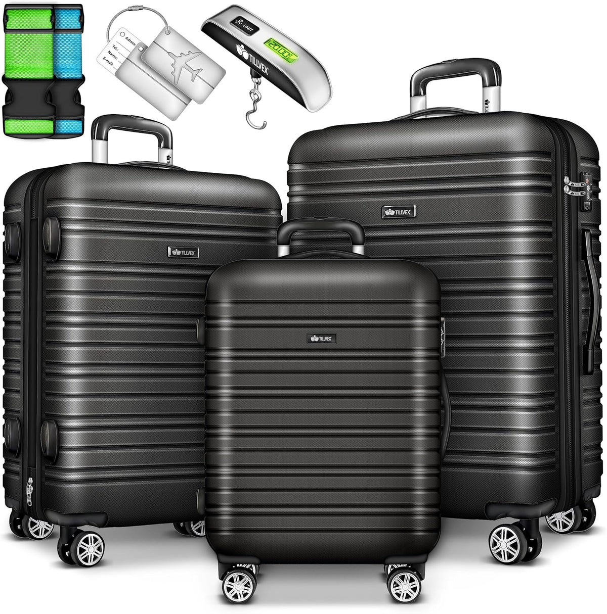 Tillvex® Reiskofferset - 3-delig - ABS- Kofferset - Grijs