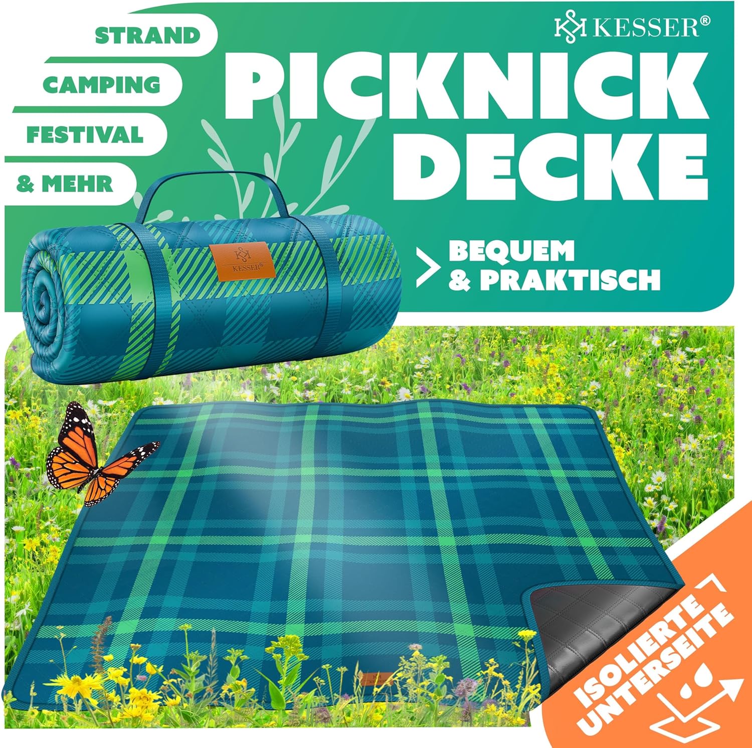 KESSER® Picknickkleed - Waterdicht - 200x200 cm - Wasbaar - Blauw