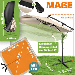 KESSER® Parasol 250 x 250 cm met ledverlichting, parasol voor balkon, tuin, zonwering, frame en standaard van aluminium, uv-bescherming, waterdicht en windbestendig, beige, met LED