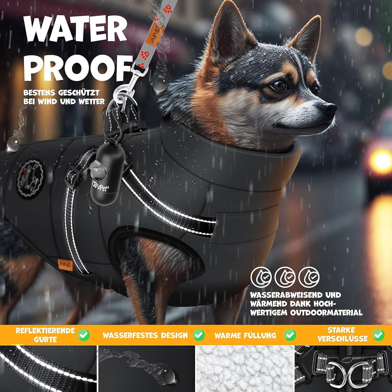 LOVPET® Hondenjas, hondenjas met harnas, incl. 45 stuks poepzakken + dispenser, gevoerd wintervest, waterdicht, gevoerd vest met borstriem, reflectoren, D-ring 2XL, zwart