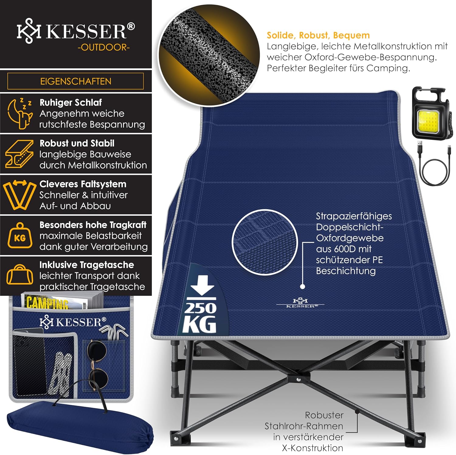 KESSER® Campingbed, veldbed, inklapbaar, incl. draagtas, campinglicht + zijzak, stabiel veldbed, 250 kg belastbaar, metalen buis, 600D Oxford-weefsel, draagbaar ligbed