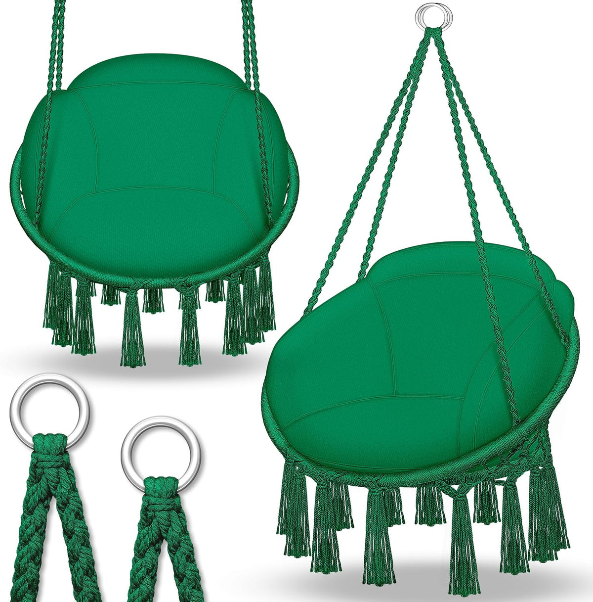 tillvex Hangstoel met groot kussen, 200 kg, om op te hangen, hangstoel, binnen en buiten, hangmand, weerbestendig, schommelmand, groen