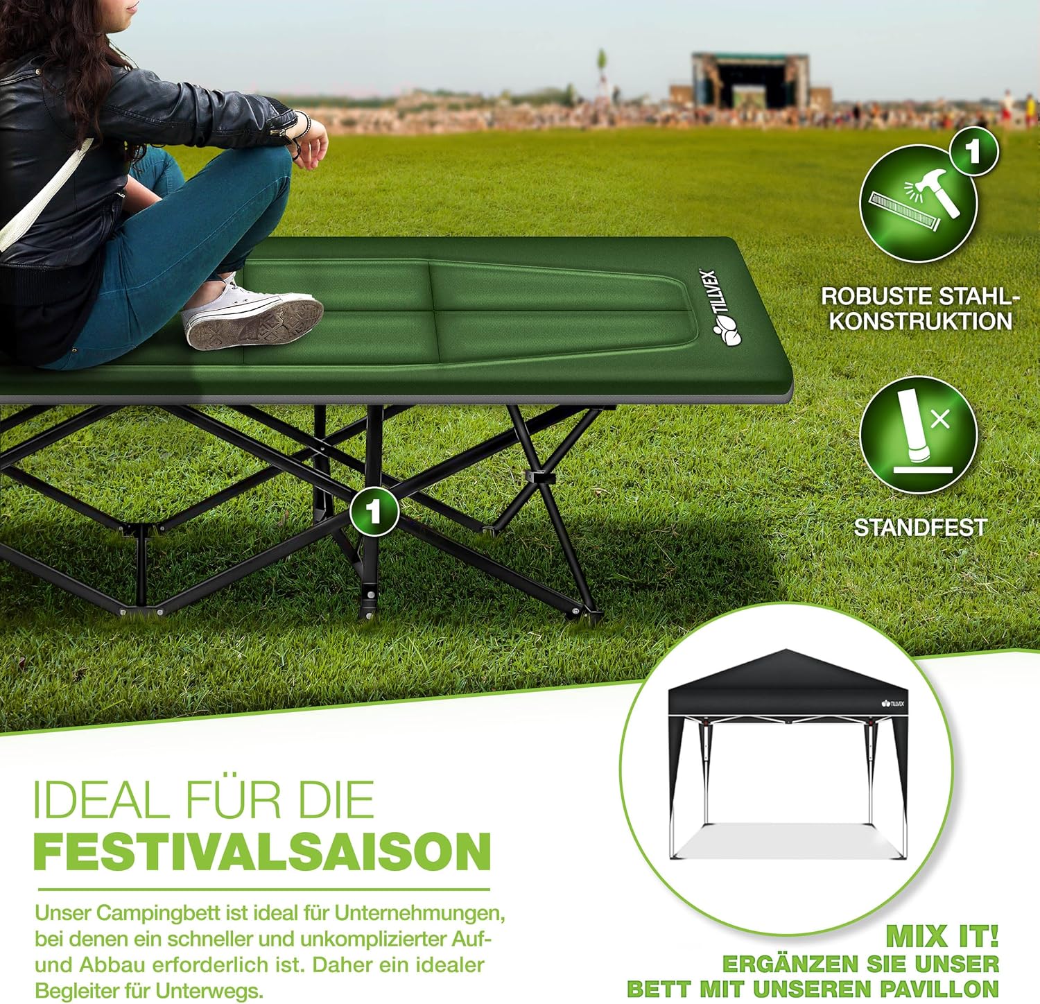 Veldbed - 1 Persoons - Kampeerbed - Stretcher - Groen - Tillvex®