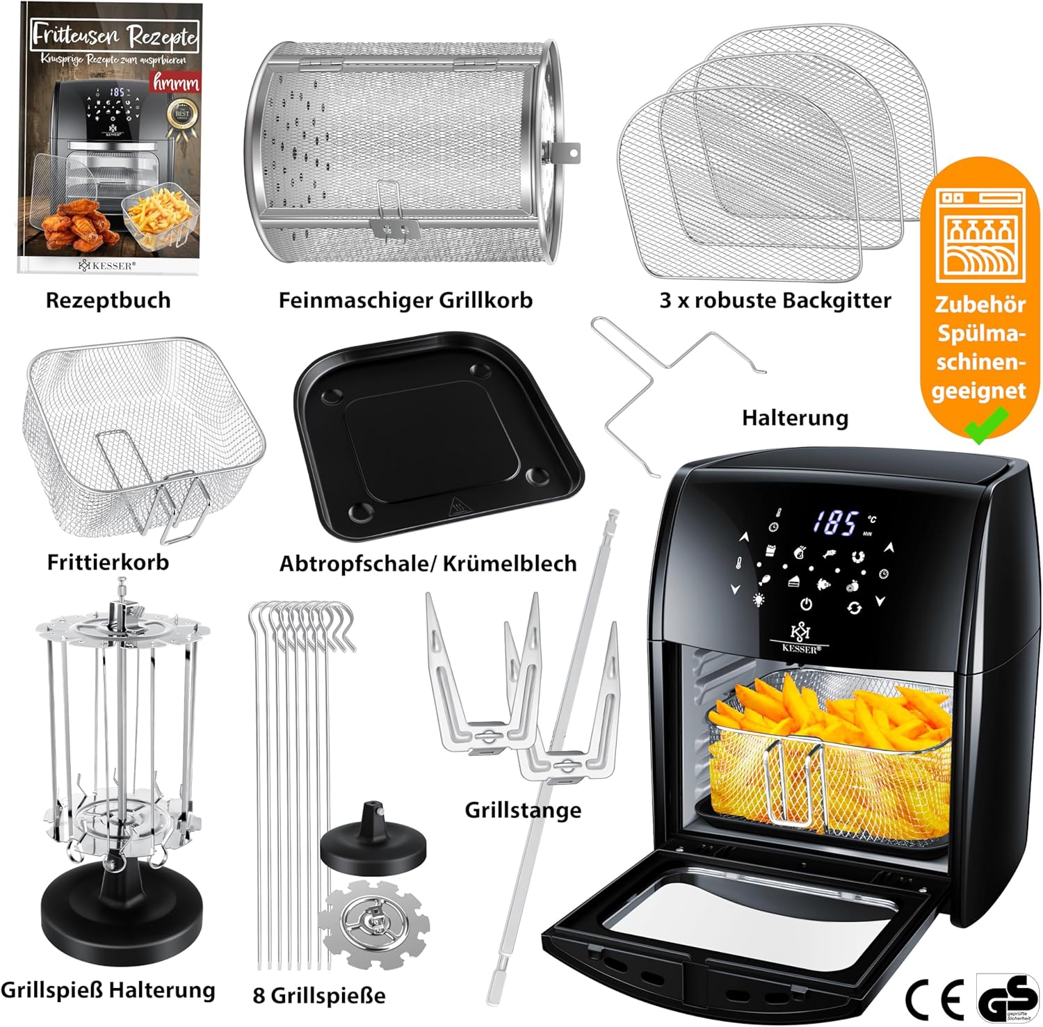 KESSER® XXL Airfryer - 9-in-1 - Heteluchtfriteuse - 1800W - Zwart •