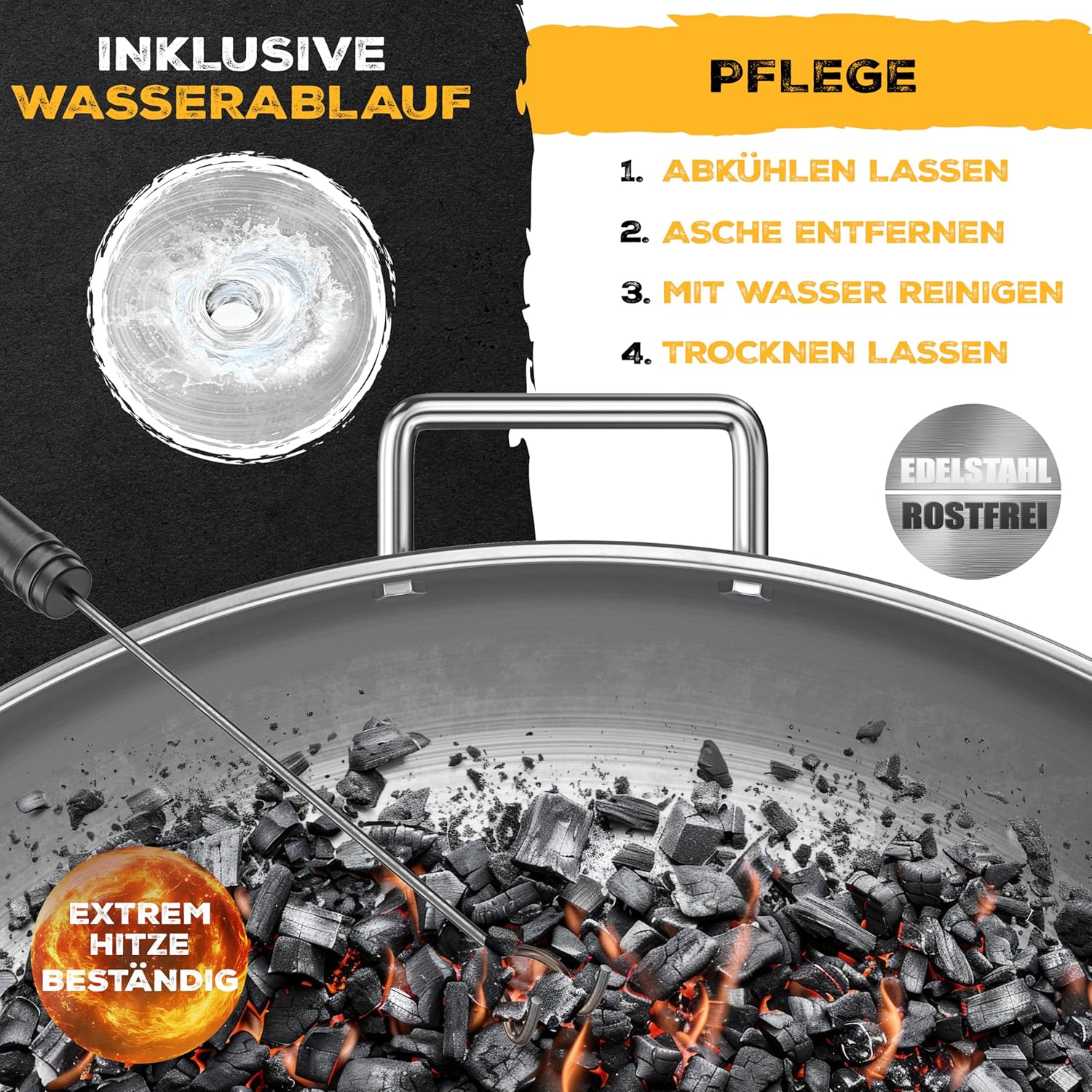 KESSER® Vuurschaal, 2,5 mm staaldikte, vuurkorf Ø 80 cm, roestvrij staal, vuurton + 42 cm vuurhaak, gietijzeren waterafvoer en 2 stabiele handgrepen, hout en kolen, haard voor kampvuur, tuin en terras