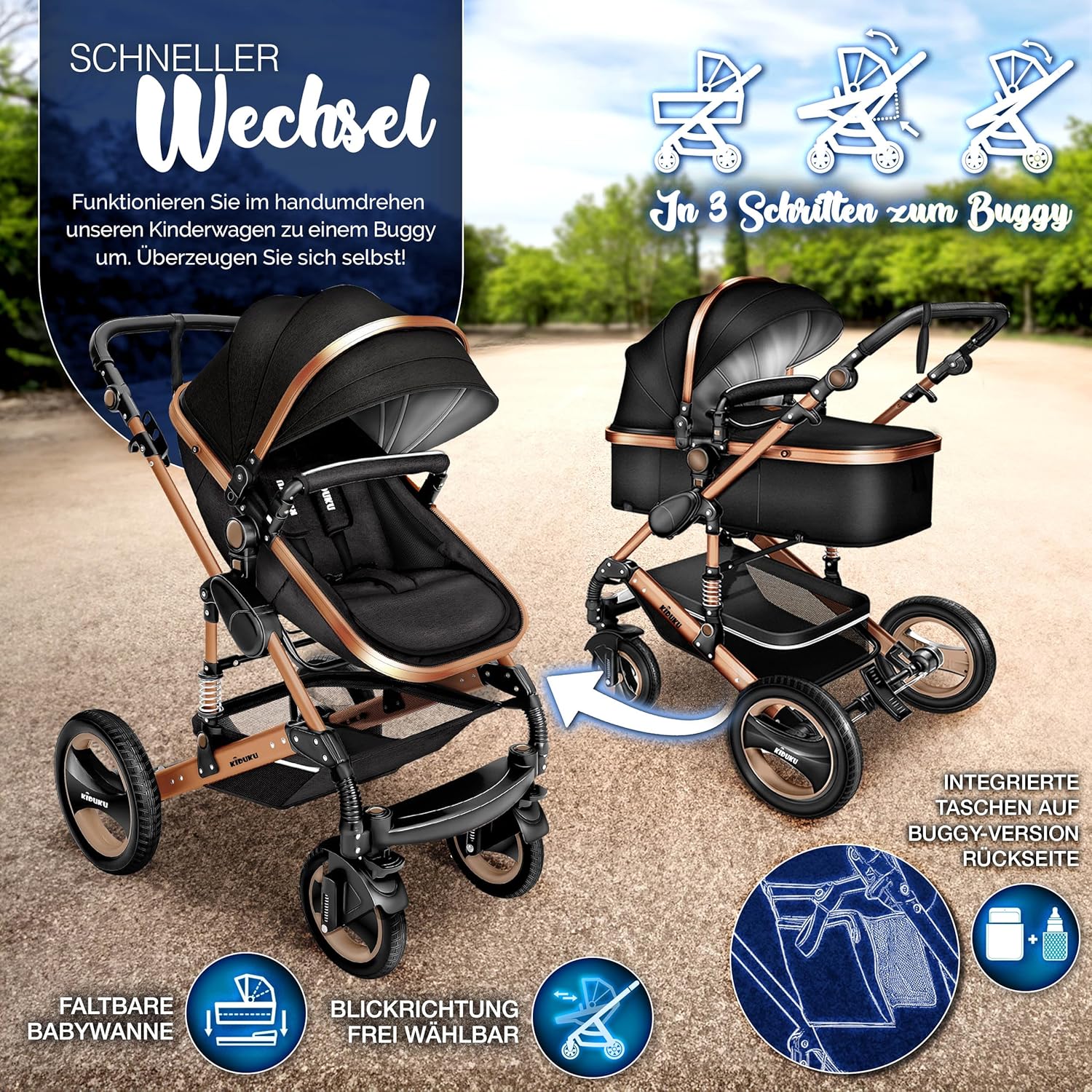 Kinderwagen 3 in 1 - Buggy - Wandelwagen - Kinderbuggy - Champagne - KIDUKU®