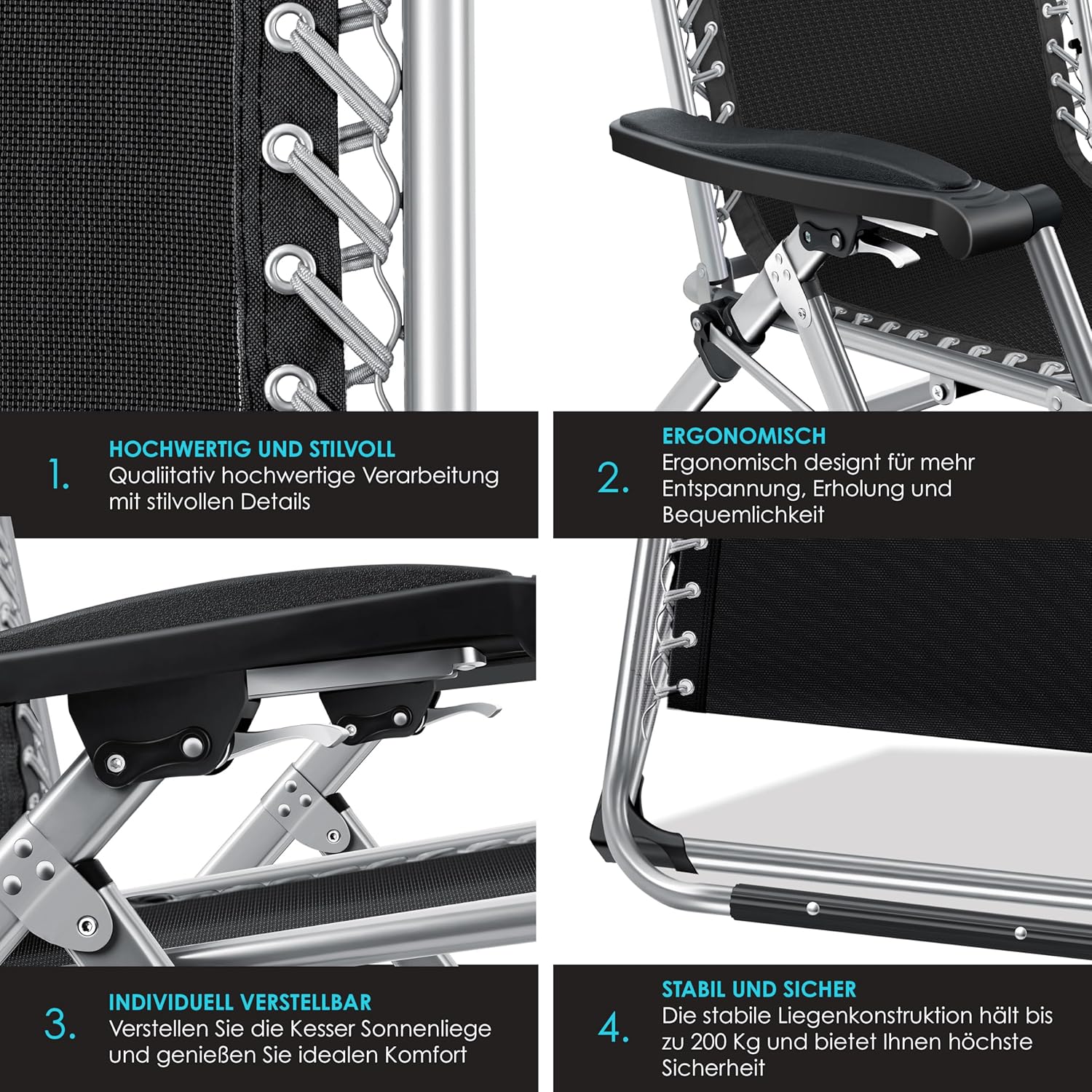 KESSER® XXL opvouwbare tuinligstoel, weerbestendig, belastbaar tot 200 kg, ergonomisch kussen, verstelbare rugleuning met nekkussen, bekerhouder en vulling voor