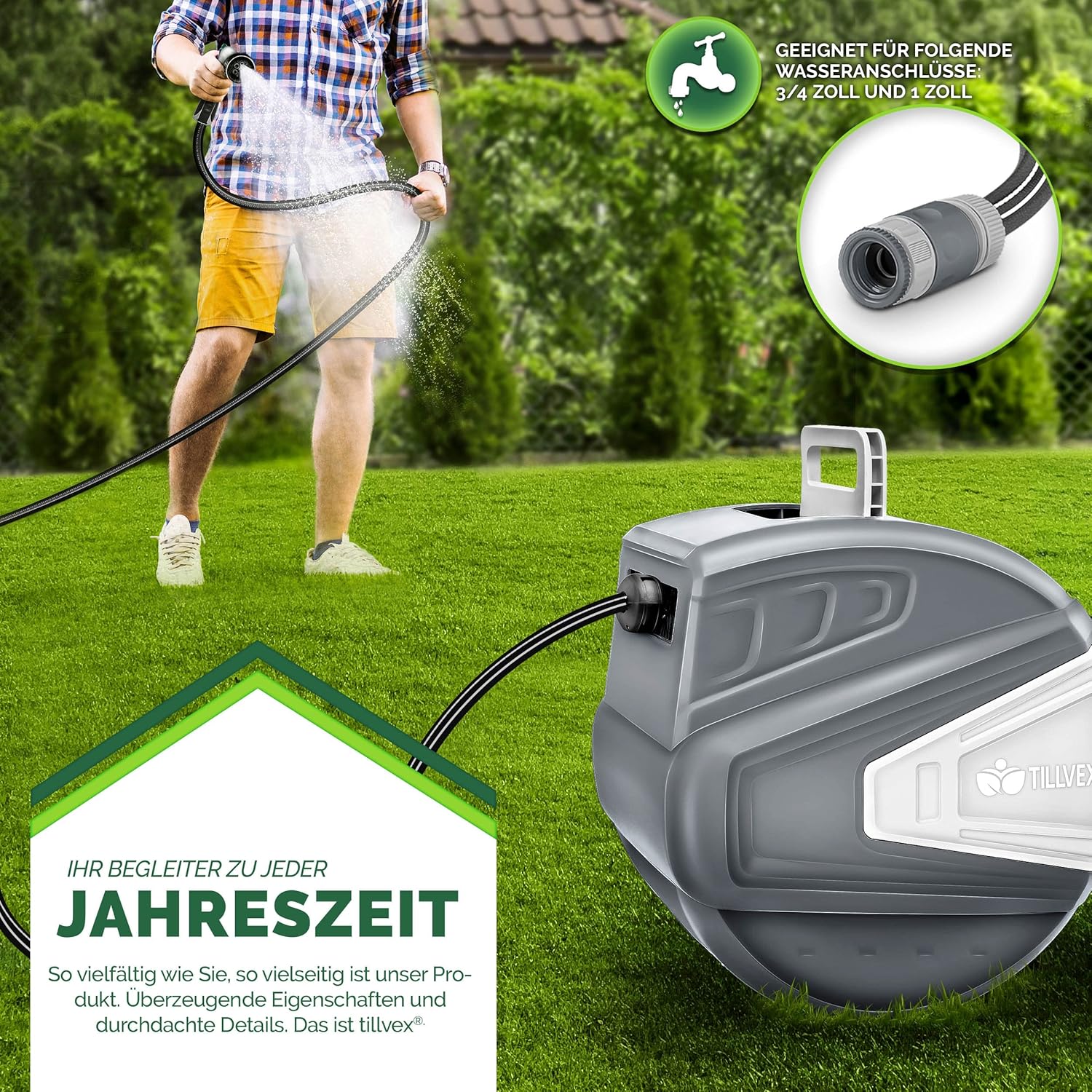 tillvex Slanghaspel water 30 + 2 m met wandhouder + draaggreep | slanghaspel met handdouche en tuinslang | 180° draaibaar | wandslanghaspel met automatisch oprolmechanisme | grijs •