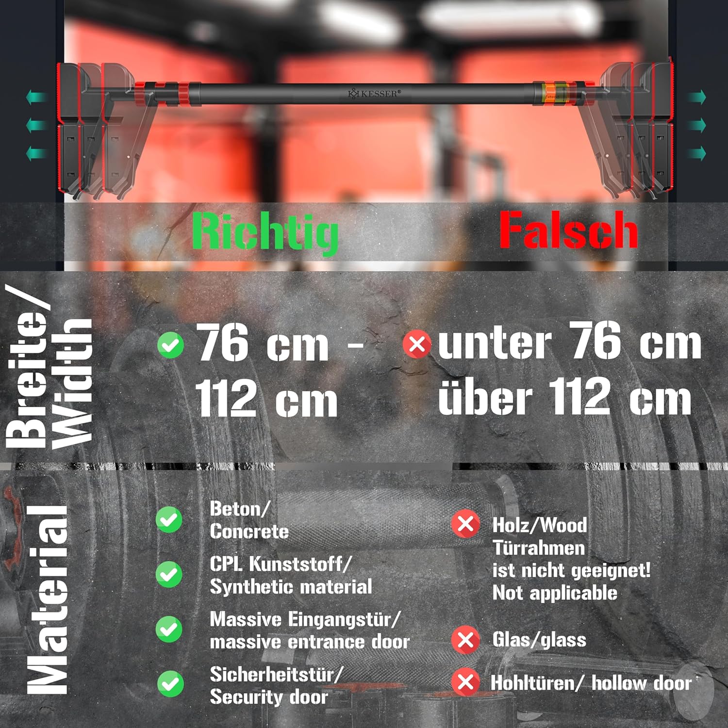 KESSER® Optrekstang, deurkozijn, verstelbaar, pull-up bar, thuistrainer, rekstang zonder schroeven/boren, 76-112 cm uittrekbaar, draagvermogen tot 300 kg & antislip handgrepen, incl. weerstandsbanden