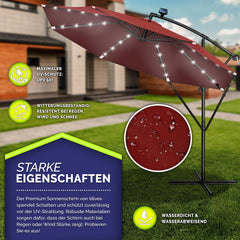 tillvex Aluminium zweefparasol + afdekking, led zonne-energie, Ø 300 cm, met zwengel, afdekking + standaard, parasol met windscherm, tuinparasol, uv-bescherming aluminium, zwengelparasol, marktparasol, rood
