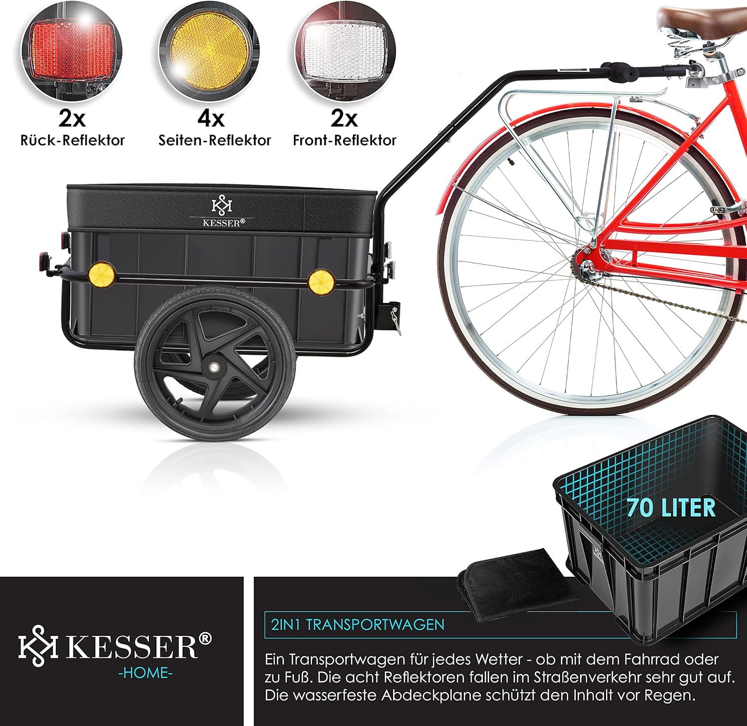 KESSER® Fietsaanhanger - Transportaanhanger - Max. 60kg - Zwart
