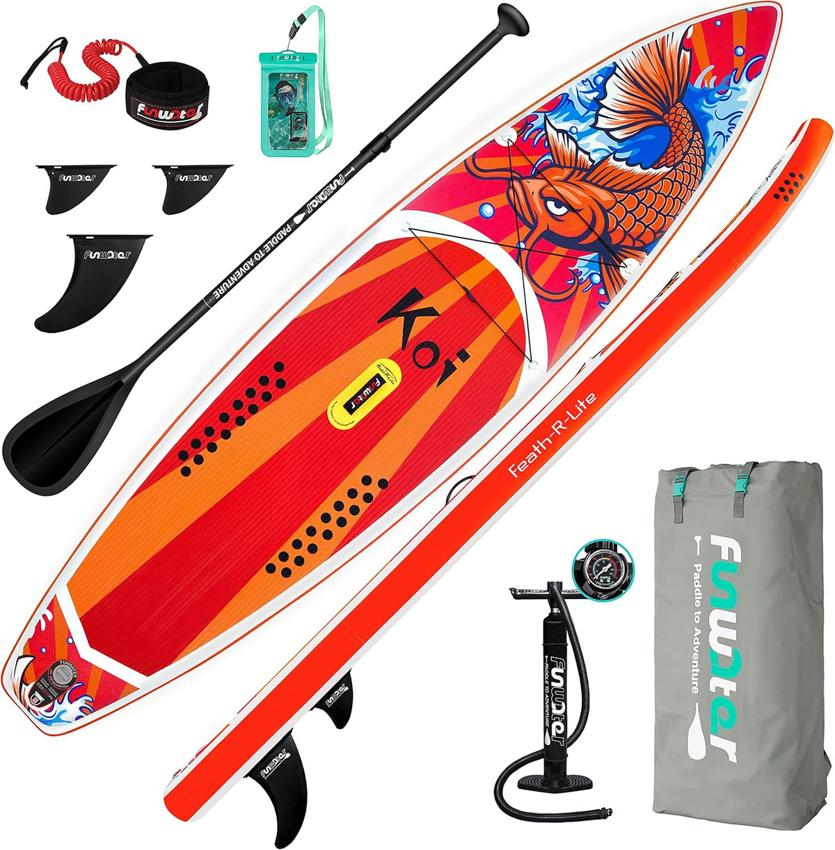 FEATH-R-LITE Opblaasbaar Stand-Up Paddleboard, Ultralicht SUP met accessoires, vinnen, verstelbare peddel, pomp, rugzak en leash