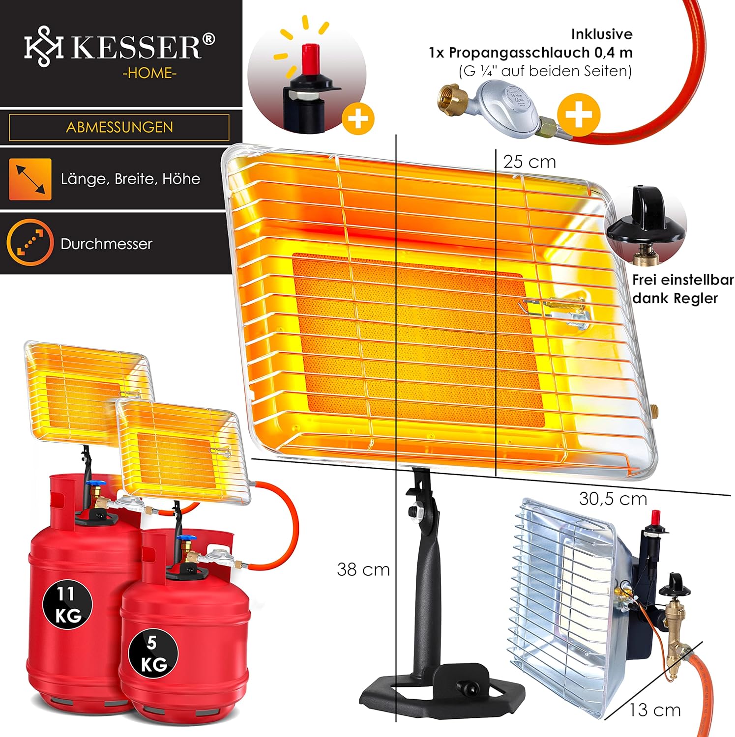 KESSER Gasheater warmtestraler gas opzetstuk straler incl. piëzo-ontsteking slang & regelaar flessenhouder gaskachel opzetverwarming aangedreven met propaan - voor 5 kg of 11 flessen, zilver