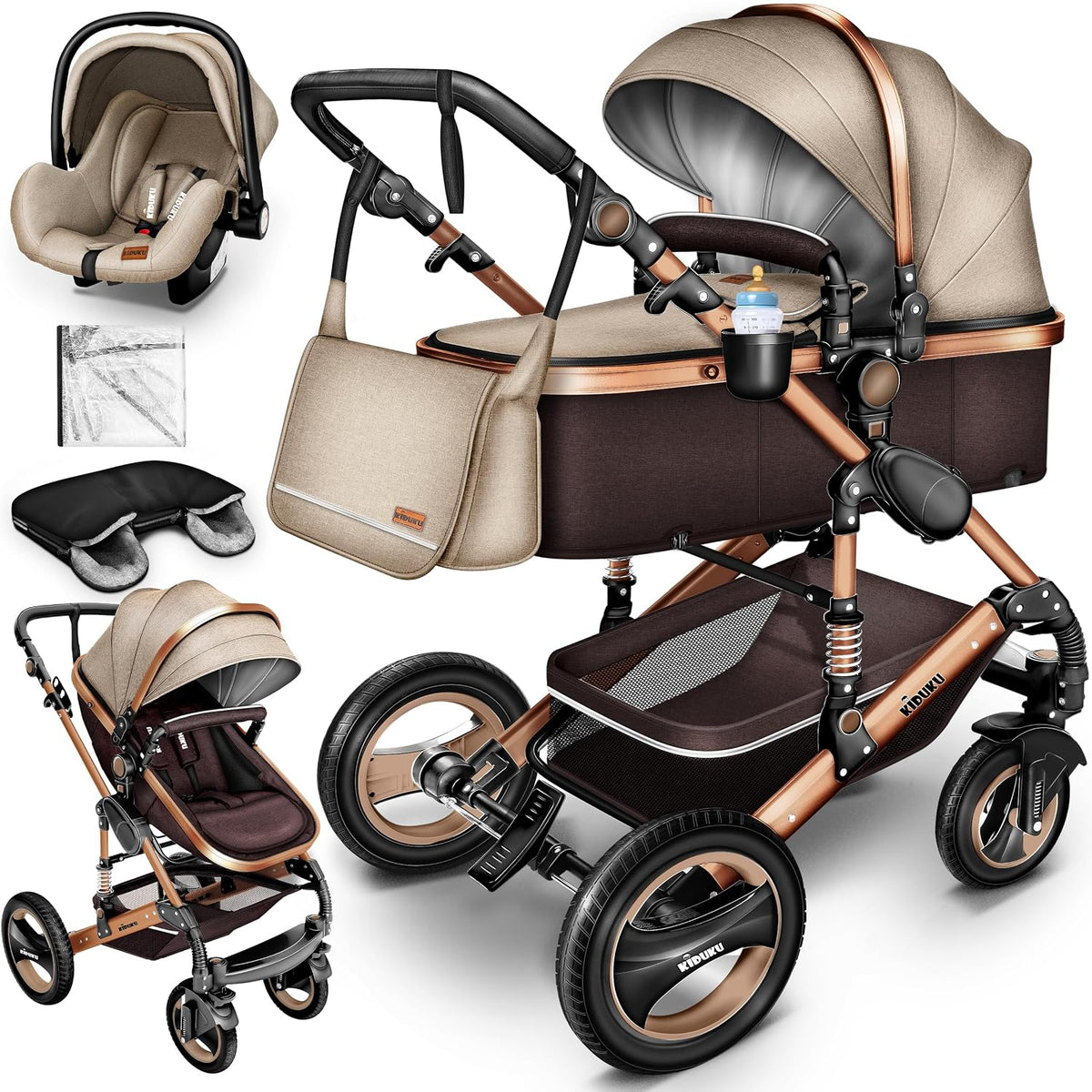 Kinderwagen 3 in 1 - Buggy - Wandelwagen - Kinderbuggy - Bruin/Goud - KIDUKU®