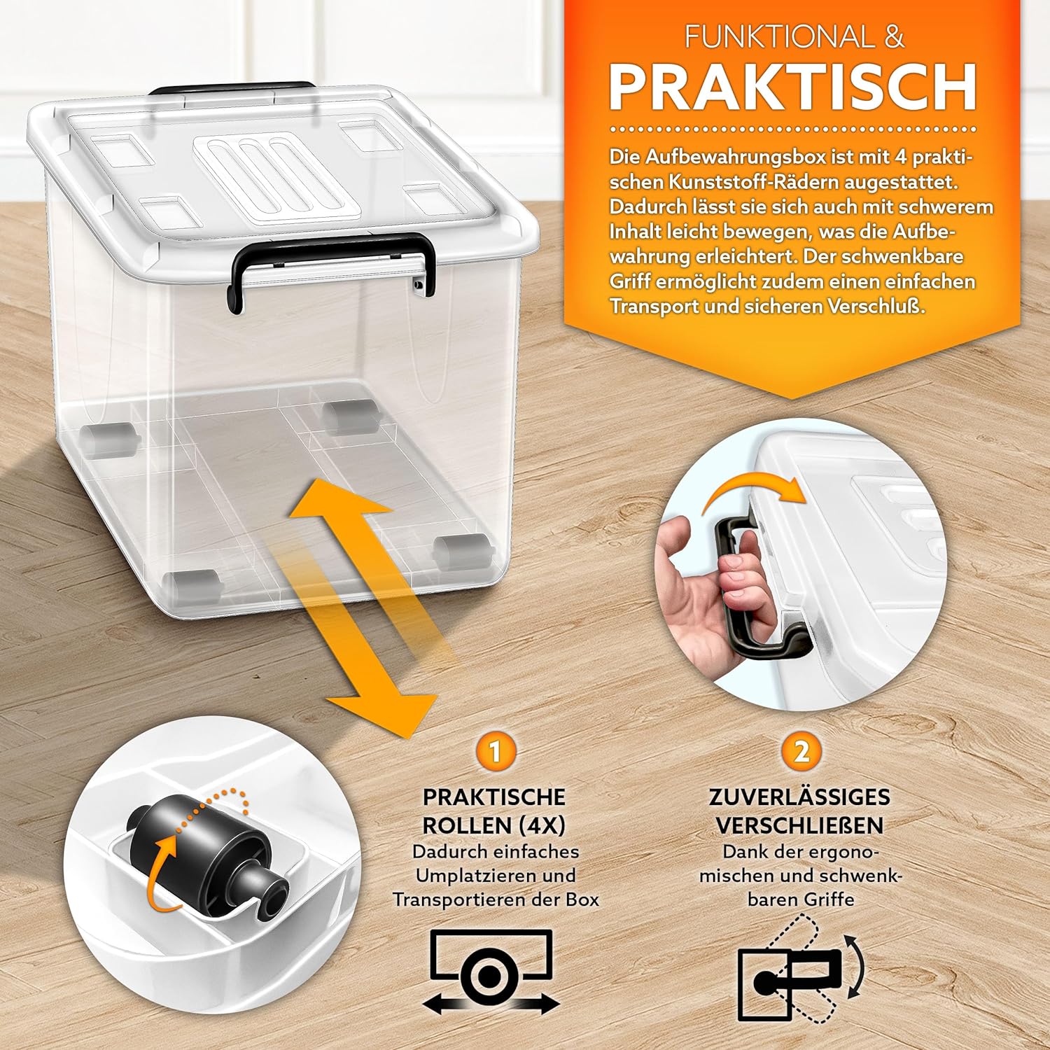 tillvex Opbergdozen met deksel, geschikt voor levensmiddelen, kunststof boxen, stapelbaar, opbergsysteem, grote opbergdoos, kledingdozen, 100% nieuw materiaal (set van 4, 27 liter)