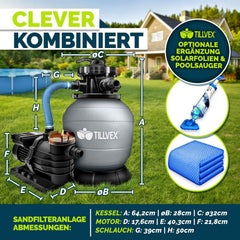 tillvex Zandfilterinstallatie zwembad met timer 10 m³/h incl. 800 g filterballen | filterinstallatie 7-weg ventiel & 2-in-1 adapter Ø 32 mm - 38 mm | zwembadfilter met drukweergave